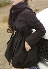 New Black Pockets Drawstring Zipper Hooded Long Sleeve Trench Coat