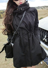 New Black Pockets Drawstring Zipper Hooded Long Sleeve Trench Coat