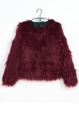 New Burgundy Draped Long Sleeve Faux Fur Fashion Coat