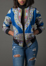 New Light Blue Floral Zipper Pockets Band Collar Long Sleeve African Fashion Coat