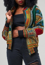 New Green Floral Zipper Pockets Band Collar Long Sleeve African Fashion Coat