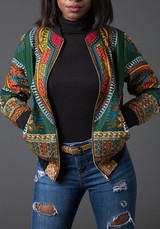 New Green Floral Zipper Pockets Band Collar Long Sleeve African Fashion Coat
