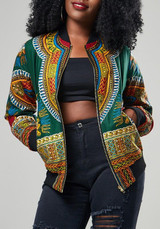 New Green Floral Zipper Pockets Band Collar Long Sleeve African Fashion Coat