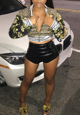 New Yellow-Black Leopard Print Zipper Band Collar Long Sleeve Fashion Coat New Yellow-Black Leopard Print Zipper Band Collar Long Sleeve Fashion Coat