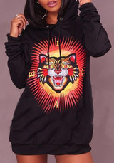 New Black Animal Print Drawstring Long Sleeve Hooded Pullover Sweatshirt