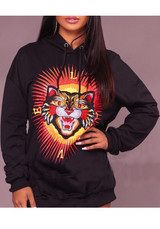 New Black Animal Print Drawstring Long Sleeve Hooded Pullover Sweatshirt
