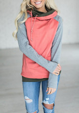 New Red Patchwork Drawstring Hooded Long Sleeve Casual Pullover Sweatshirt