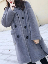 New Grey Fur Pockets Double Breasted Band Collar Long Sleeve Casual Coat