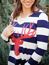 New White-Blue Striped Elk Pattern Long Sleeve Christmas Casual Mini Dress