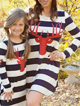New White-Blue Striped Elk Pattern Long Sleeve Christmas Casual Mini Dress