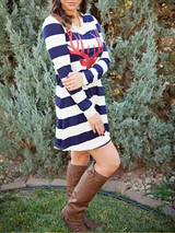 New White-Blue Striped Elk Pattern Long Sleeve Christmas Casual Mini Dress