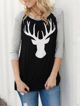 New Grey-Black Patchwork Elk Pattern Long Sleeve Christmas Casual T-Shirt