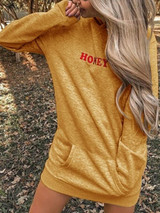 New Yellow Monogram Print Pockets Hooded Long Sleeve Casual Pullover Sweatshirt