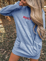 New Blue Monogram Print Pockets Hooded Long Sleeve Casual Pullover Sweatshirt