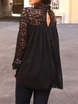 New Black Patchwork Embroidery Lace Draped Band Collar Long Sleeve Blouse
