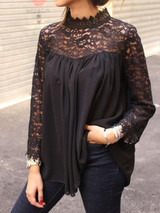 New Black Patchwork Embroidery Lace Draped Band Collar Long Sleeve Blouse