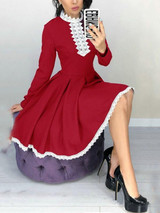 New Red Patchwork Lace Pleated Tutu Long Sleeve Homecoming Party Midi Dress New Red Patchwork Lace Pleated Tutu Long Sleeve Homecoming Party Midi Dress