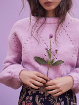 New Pink Cut Out Round Neck Long Sleeve Going out Pullover Sweater
