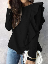 New Black Ruffle Round Neck Long Sleeve Fashion T-Shirt