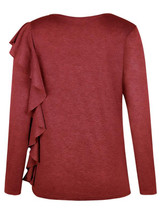 New Red Ruffle Round Neck Long Sleeve Fashion T-Shirt