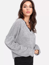 New Grey Pockets Long Sleeve Round Neck Going out Sweater