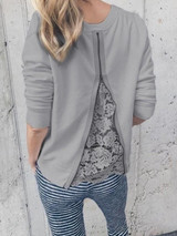 New Grey Patchwork Lace Zipper Round Neck Long Sleeve Casual Blouse