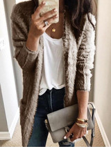 New Khaki Pockets Fuzzy Long Sleeve Casual Cardigan Coat