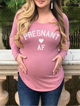 New Pink Monogram Pregnant AF Pattern Round Neck Long Sleeve Casual Maternity T-Shirt