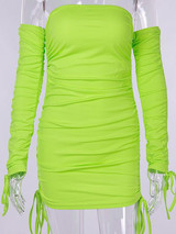 New Green Drawstring Cascading Ruffle Boat Neck Long Sleeve Casual Mini Dress