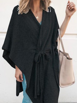 New Black Drawstring V-neck Long Sleeve Casual Cardigan Sweater