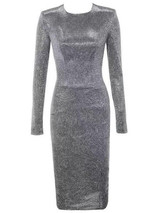 New Silver Zipper Round Neck Long Sleeve Fashion Midi Dress
