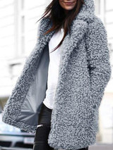 New Grey Faux Fur Pockets Turndown Collar Long Sleeve Casual Coat