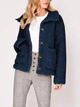 New Dark Blue Buttons Pockets Turndown Collar Long Sleeve Streetwear Outerwear
