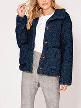 New Dark Blue Buttons Pockets Turndown Collar Long Sleeve Streetwear Outerwear