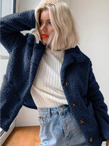 New Dark Blue Buttons Pockets Turndown Collar Long Sleeve Streetwear Outerwear