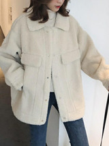 New Beige Fur Pockets Single Breasted Turndown Collar Long Sleeve Casual Coat