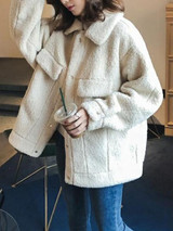New Beige Fur Pockets Single Breasted Turndown Collar Long Sleeve Casual Coat