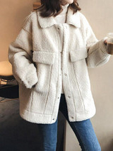 New Beige Fur Pockets Single Breasted Turndown Collar Long Sleeve Casual Coat