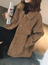 New Coffee Fur Pockets Single Breasted Turndown Collar Long Sleeve Casual Coat