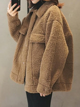 New Coffee Fur Pockets Single Breasted Turndown Collar Long Sleeve Casual Coat