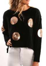 New Black Patchwork Sequin High-low Round Neck Long Sleeve Pullover Sweater