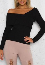 New Black Irregular One Shoulder Long Sleeve Pullover Sweater