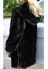 New Black Draped Pockets Oversize Faux Fur Hooded Long Sleeve Coat
