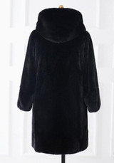 New Black Draped Pockets Oversize Faux Fur Hooded Long Sleeve Coat