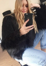 New Black Draped Long Sleeve Faux Fur Fashion Coat