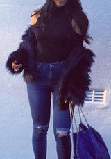 New Black Draped Long Sleeve Faux Fur Fashion Coat