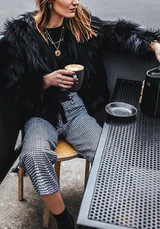 New Black Draped Long Sleeve Faux Fur Fashion Coat