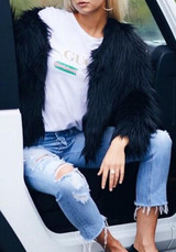 New Black Draped Long Sleeve Faux Fur Fashion Coat