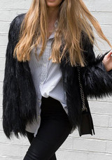 New Black Draped Long Sleeve Faux Fur Fashion Coat