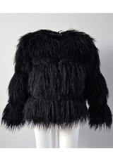 New Black Draped Long Sleeve Faux Fur Fashion Coat